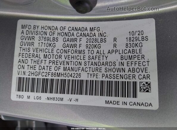 2HGFC2F86MH504226 2021 HONDA CIVIC Silver Engine compartment view