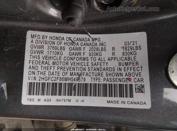 2HGFC2F86MH548579 2021 HONDA CIVIC Gray Շարժիչի բաժամունքի տեսք