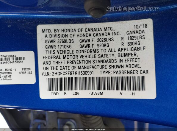 2HGFC2F87KH500991 2019 HONDA CIVIC Blue 