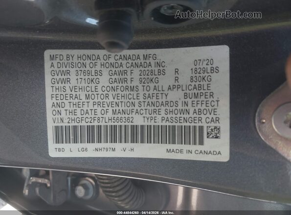 2HGFC2F87LH566362 2020 HONDA CIVIC Gray ძრავის განყოფილების ხედი