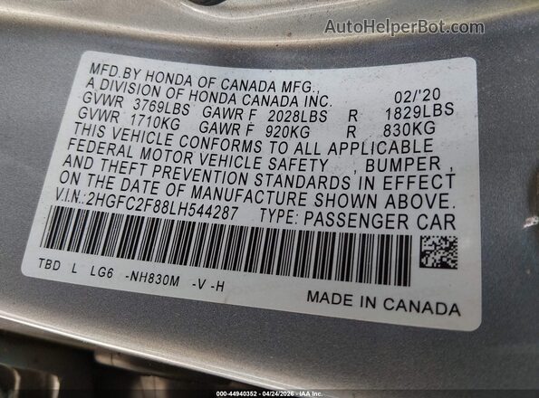 2HGFC2F88LH544287 2020 HONDA CIVIC Silver 