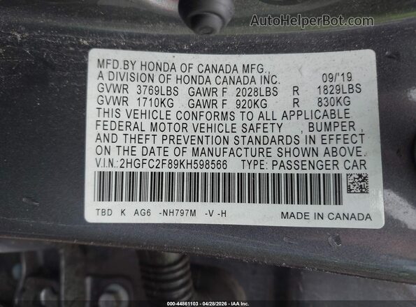 2HGFC2F89KH598566 2019 HONDA CIVIC Gray Շարժիչի բաժամունքի տեսք