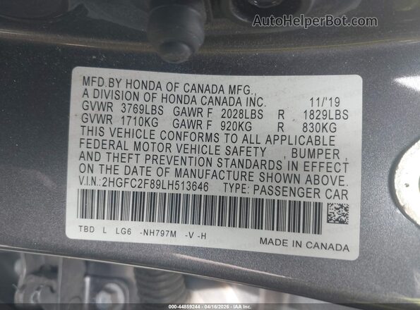 2HGFC2F89LH513646 2020 HONDA CIVIC Gray ძრავის განყოფილების ხედი
