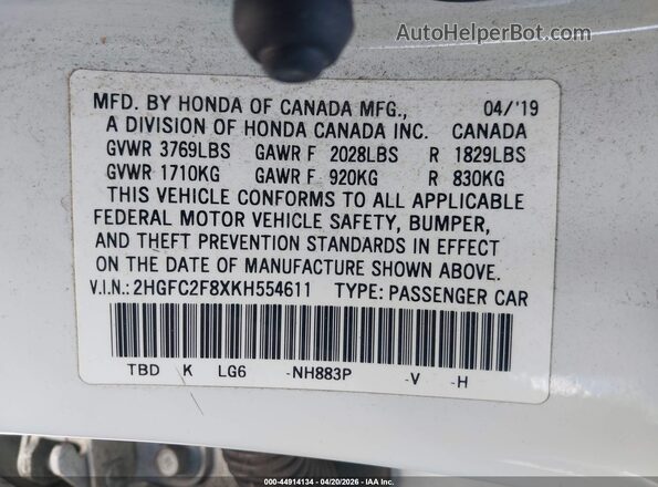 2HGFC2F8XKH554611 2019 HONDA CIVIC White 