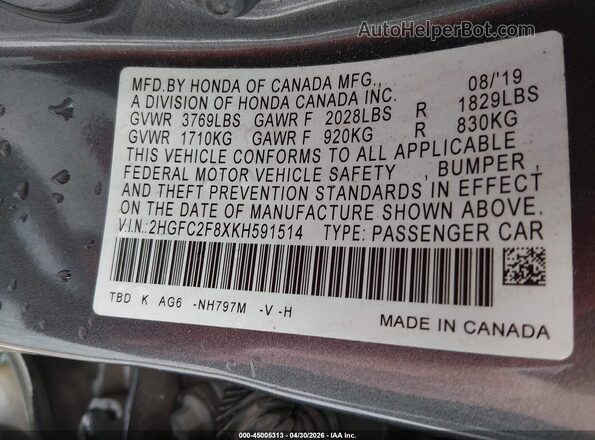 2HGFC2F8XKH591514 2019 HONDA CIVIC Gray Вид підкапотного простору
