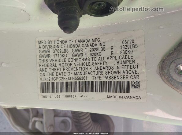 2HGFC2F8XLH556361 2020 HONDA CIVIC White Engine compartment view