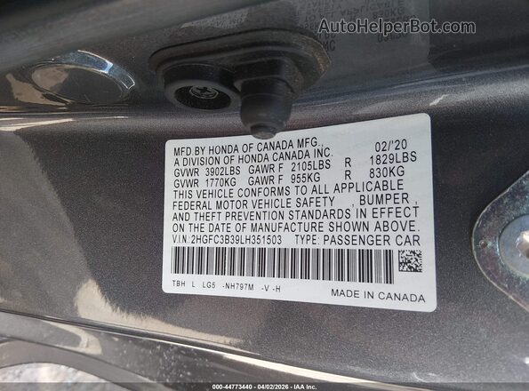 2HGFC3B39LH351503 2020 HONDA CIVIC Gray Vista del compartimento del motor
