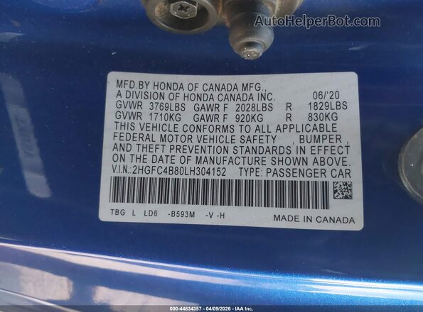 2HGFC4B80LH304152 2020 HONDA CIVIC Blue Widok komory silnika