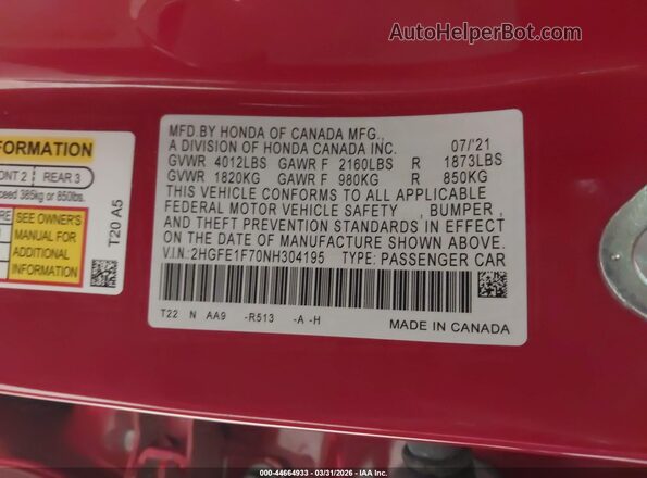 2HGFE1F70NH304195 2022 HONDA CIVIC Red Widok komory silnika