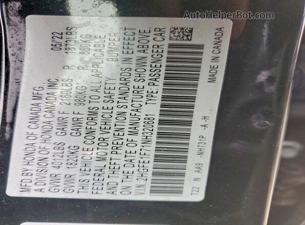 2HGFE1F71NH320681 2022 HONDA CIVIC Черный 