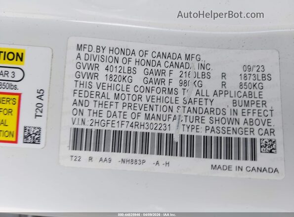 2HGFE1F74RH302231 2024 HONDA CIVIC Белый Вид подкапотного пространства