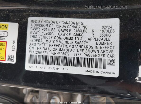 2HGFE1F76RH326577 2024 HONDA CIVIC Black Vista del compartimento del motor