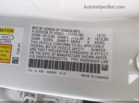 2HGFE1F93RH321774 2024 HONDA CIVIC White Widok komory silnika