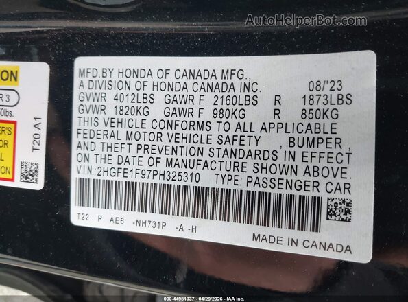 2HGFE1F97PH325310 2023 HONDA CIVIC Black Widok komory silnika