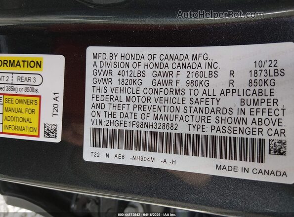 2HGFE1F98NH328682 2022 HONDA CIVIC Black Вид підкапотного простору