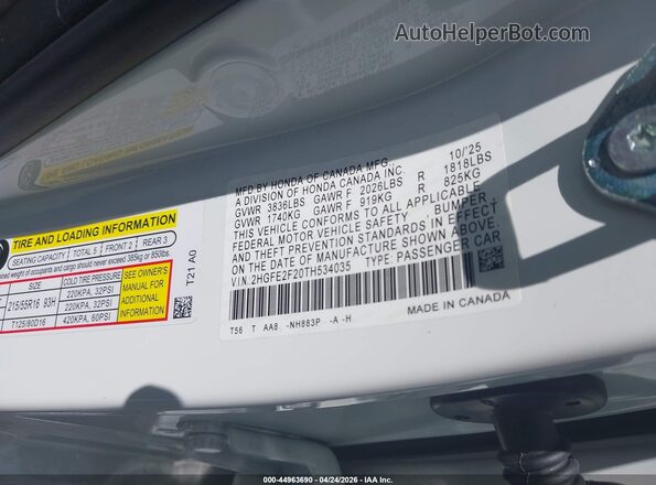 2HGFE2F20TH534035 2026 HONDA CIVIC White ძრავის განყოფილების ხედი