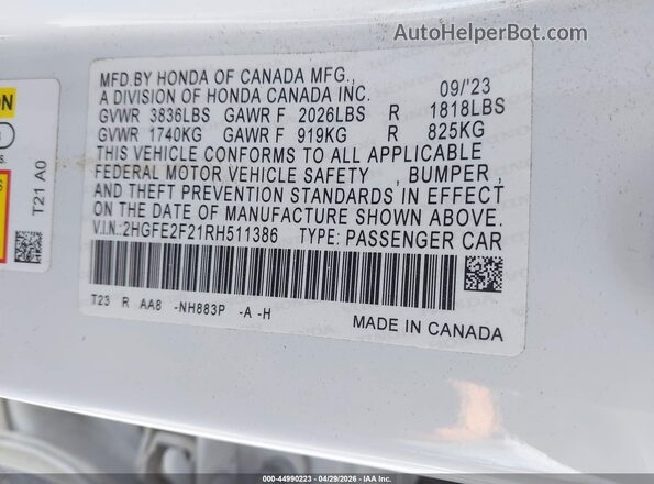 2HGFE2F21RH511386 2024 HONDA CIVIC White Engine compartment view