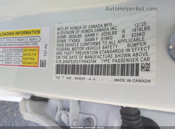 2HGFE2F21TH543794 2026 HONDA CIVIC Белый Вид подкапотного пространства