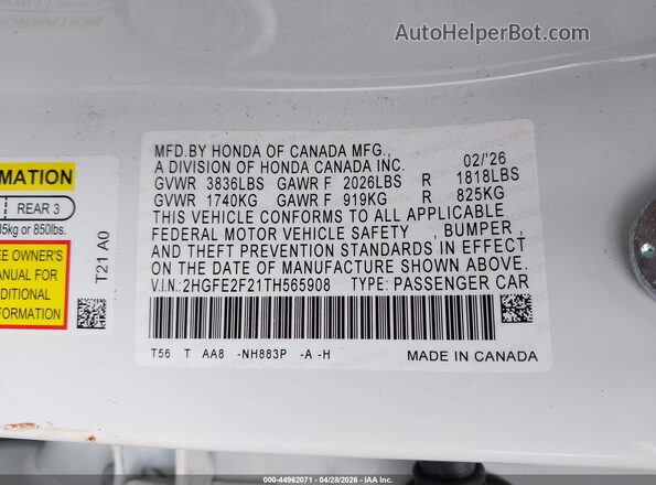 2HGFE2F21TH565908 2026 HONDA CIVIC White Widok komory silnika