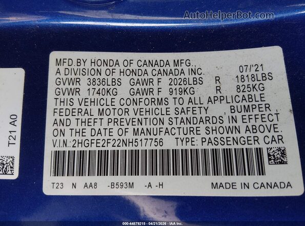 2HGFE2F22NH517756 2022 HONDA CIVIC Blue 