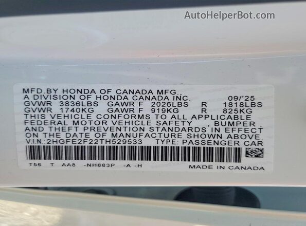 2HGFE2F22TH529533 2026 HONDA CIVIC White ძრავის განყოფილების ხედი