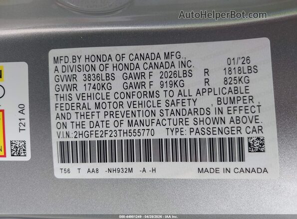 2HGFE2F23TH555770 2026 HONDA CIVIC Silver Engine compartment view