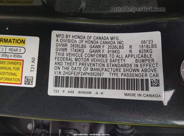 2HGFE2F24PH562667 2023 HONDA CIVIC Gray Vista del compartimento del motor