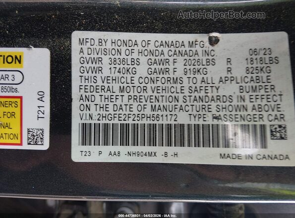 2HGFE2F25PH561172 2023 HONDA CIVIC Gray Engine compartment view