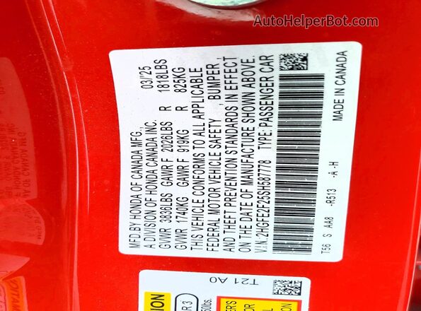 2HGFE2F25SH587778 2025 HONDA CIVIC Red Widok naklejki z numerem VIN