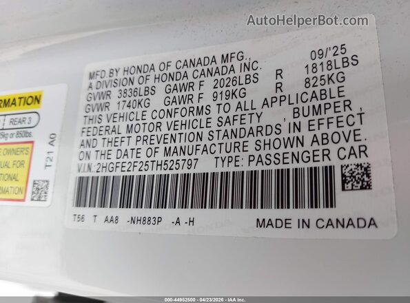 2HGFE2F25TH525797 2026 HONDA CIVIC White Вид підкапотного простору