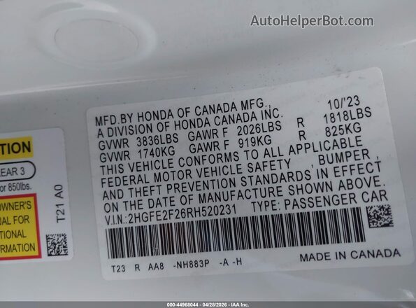 2HGFE2F26RH520231 2024 HONDA CIVIC White Engine compartment view