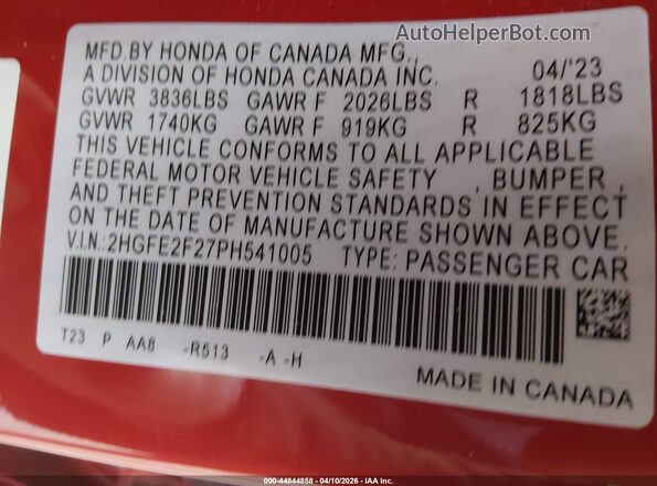 2HGFE2F27PH541005 2023 HONDA CIVIC Red Engine compartment view