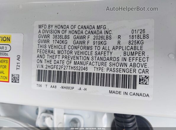 2HGFE2F27TH552046 2026 HONDA CIVIC White Շարժիչի բաժամունքի տեսք