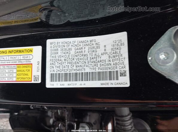 2HGFE2F28TH546675 2026 HONDA CIVIC Black ძრავის განყოფილების ხედი