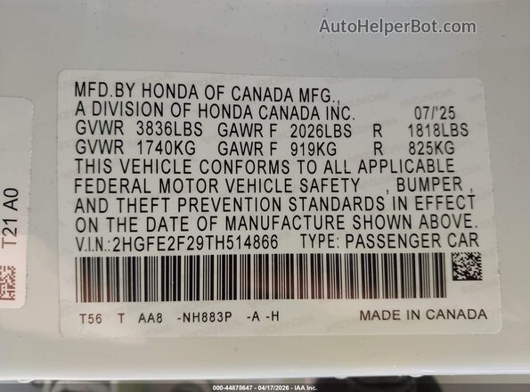2HGFE2F29TH514866 2026 HONDA CIVIC Белый Вид подкапотного пространства