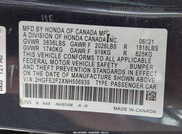2HGFE2F2XNH506939 2022 HONDA CIVIC Серый Вид подкапотного пространства