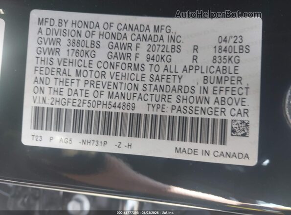 2HGFE2F50PH544869 2023 HONDA CIVIC Black Vista del compartimento del motor