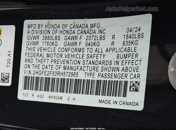 2HGFE2F50RH572965 2024 HONDA CIVIC Gray 