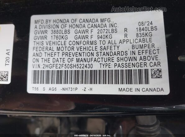 2HGFE2F50SH522430 2025 HONDA CIVIC Black Vista del compartimento del motor