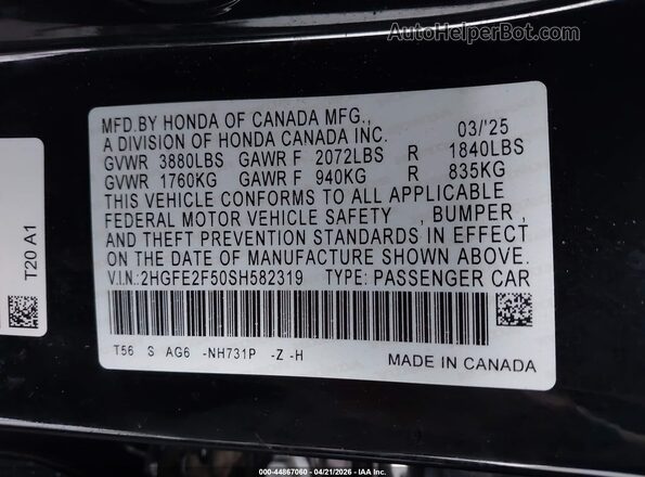 2HGFE2F50SH582319 2025 HONDA CIVIC Black უკანა სავარძლების ხედი