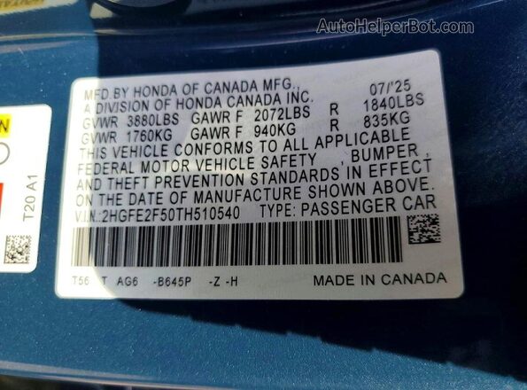 2HGFE2F50TH510540 2026 HONDA CIVIC Blue 