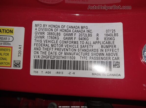 2HGFE2F50TH511509 2026 HONDA CIVIC Red Вид підкапотного простору