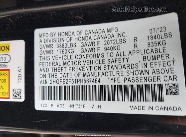 2HGFE2F51PH567464 2023 HONDA CIVIC Black 