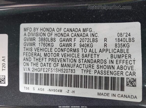 2HGFE2F51SH520783 2025 HONDA CIVIC Black Vista del compartimento del motor