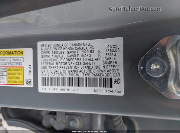2HGFE2F51SH559986 2025 HONDA CIVIC Gray ძრავის განყოფილების ხედი