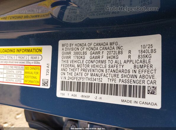 2HGFE2F51TH534152 2026 HONDA CIVIC Blue Engine compartment view