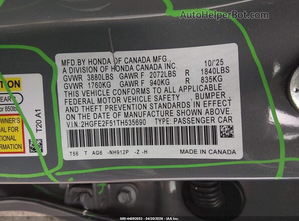 2HGFE2F51TH535690 2026 HONDA CIVIC Gray Widok komory silnika