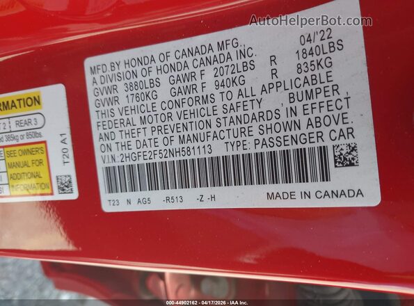 2HGFE2F52NH581113 2022 HONDA CIVIC Red 