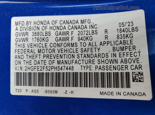 2HGFE2F52PH547448 2023 HONDA CIVIC Синий 