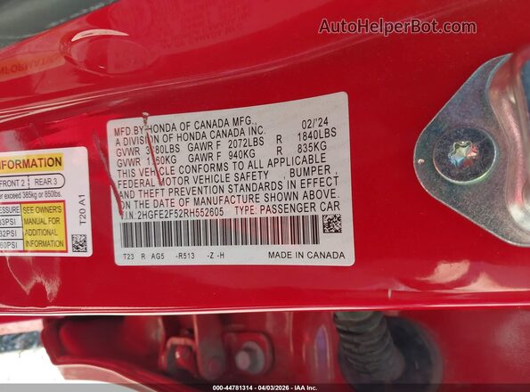 2HGFE2F52RH552605 2024 HONDA CIVIC Red ძრავის განყოფილების ხედი